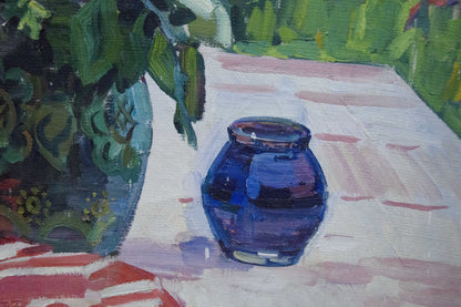 Glossy cobalt blue glass jar for Oil painting Daisies Zorya by Galina Denisovna