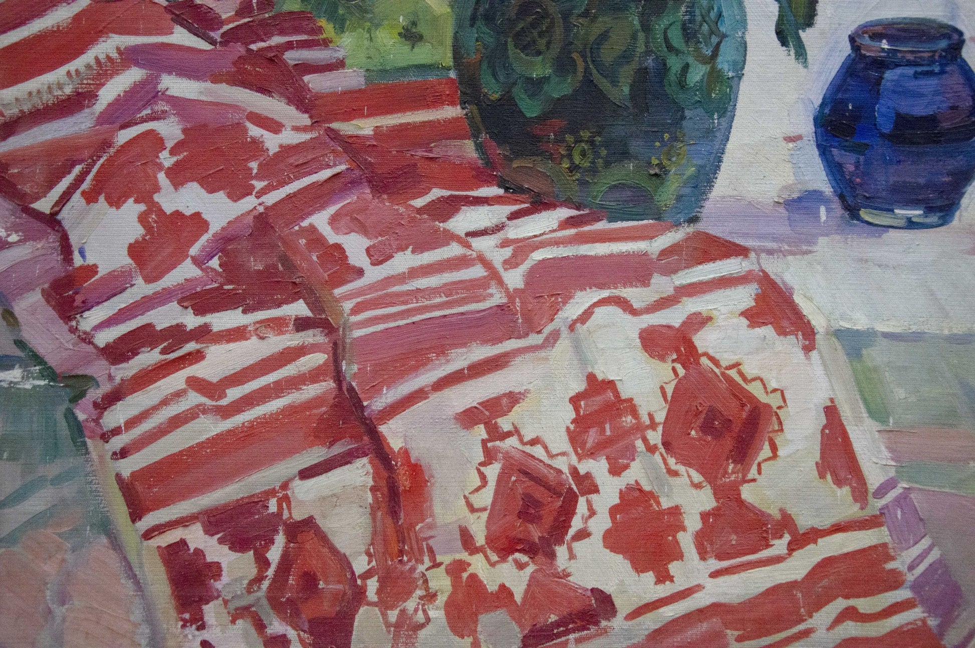 Oil painting Daisies Zorya by Galina Denisovna, vibrant red impasto geometric textile