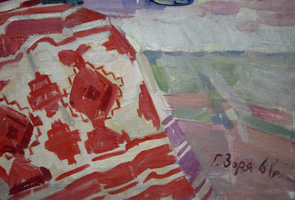 Oil painting Daisies Zorya by Galina Denisovna, vibrant red white geometric textile