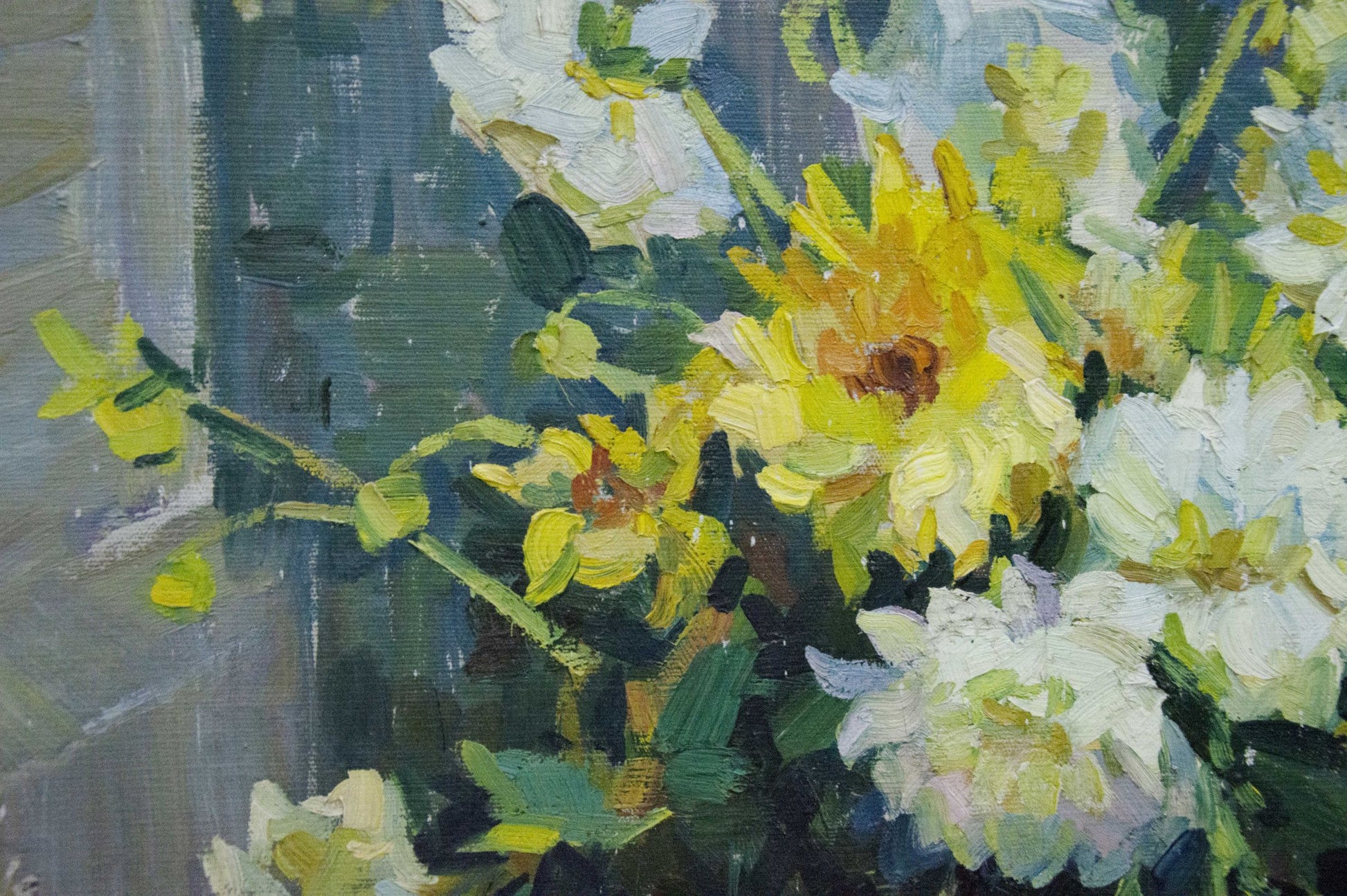Oil painting Daisies Zorya by Galina Denisovna, vibrant yellow white bouquet