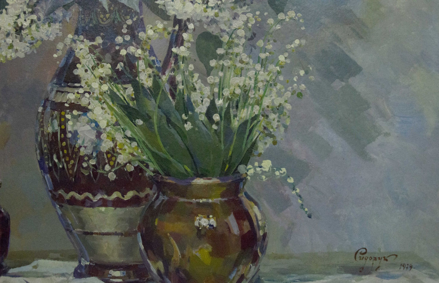 Oil painting of lily of the valley flowers in rustic brown vase by Sidoruk Vladimir Fedorovich