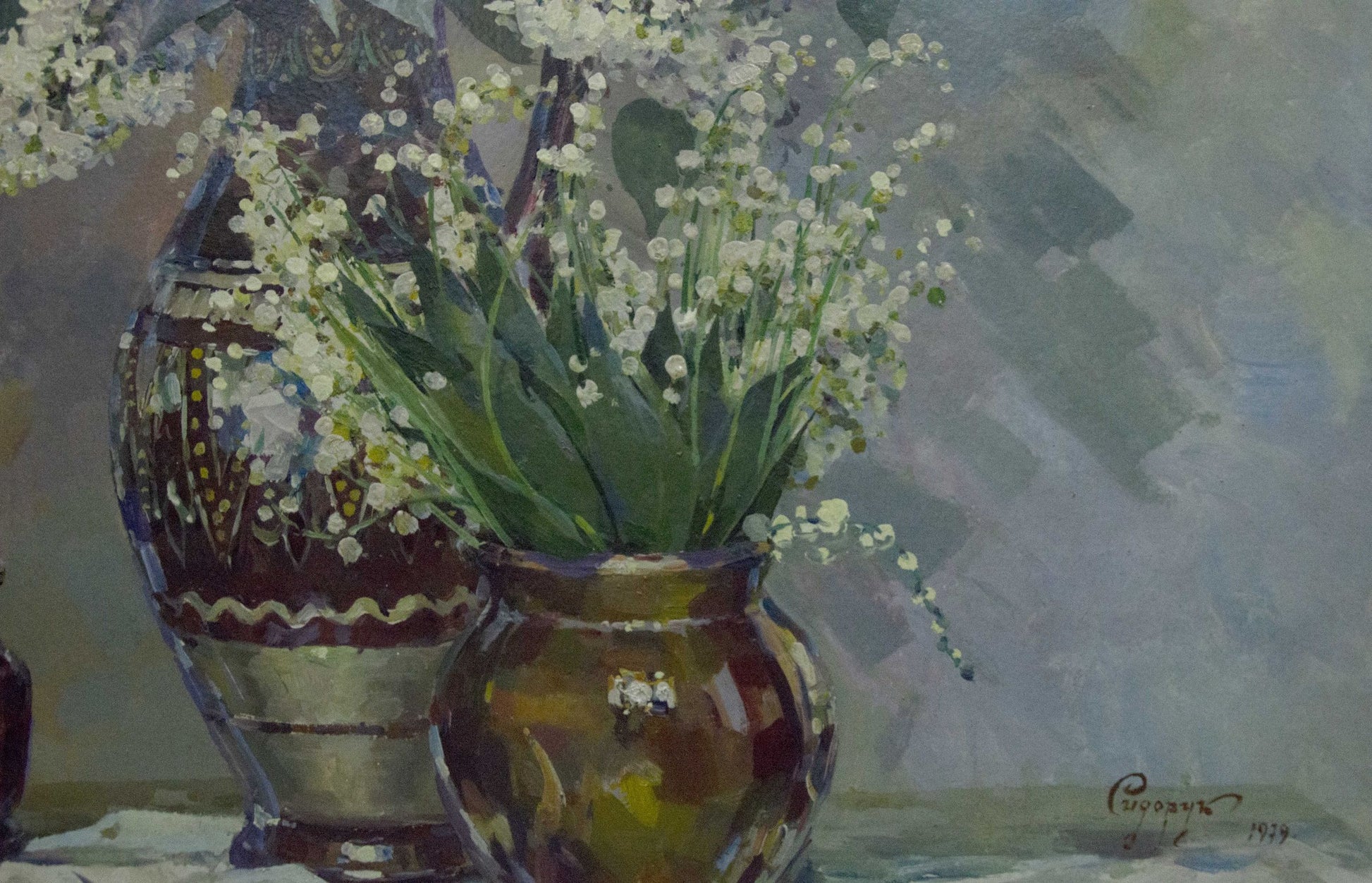 Oil painting of lily of the valley flowers in rustic brown vase by Sidoruk Vladimir Fedorovich