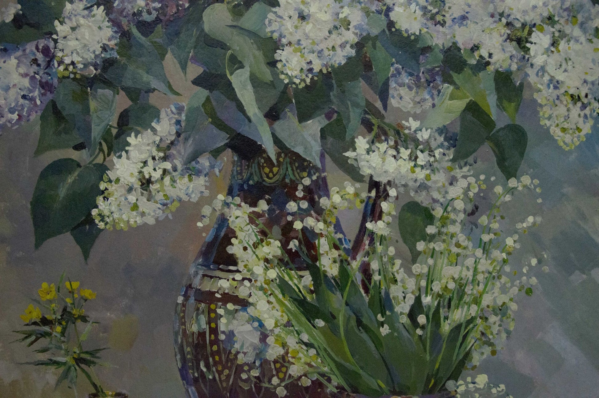Oil painting by Sidoruk Vladimir Fedorovich: blue vase with lilac, lily-of-the-valley