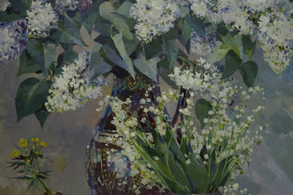 Oil painting by Sidoruk Vladimir Fedorovich: blue vase with lilac, lily-of-the-valley
