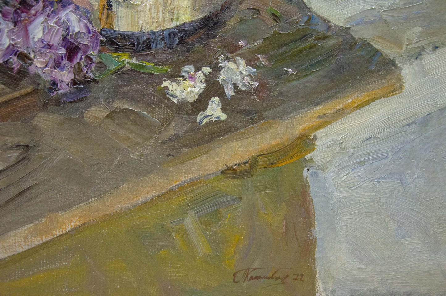 Oil painting of vibrant purple hydrangeas in blue vase by Kolomoitsev Petr Mikhailovich