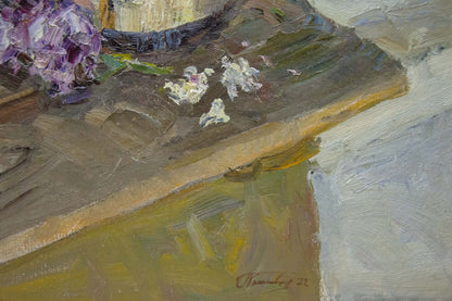 Oil painting of vibrant purple hydrangeas in blue vase by Kolomoitsev Petr Mikhailovich