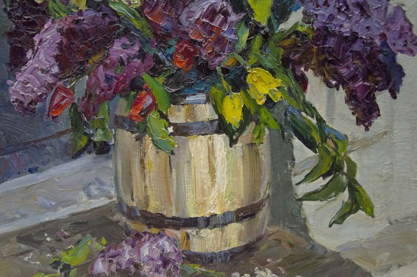 Oil painting by Kolomoitsev Petr Mikhailovich: lilacs and tulips in barrel vase