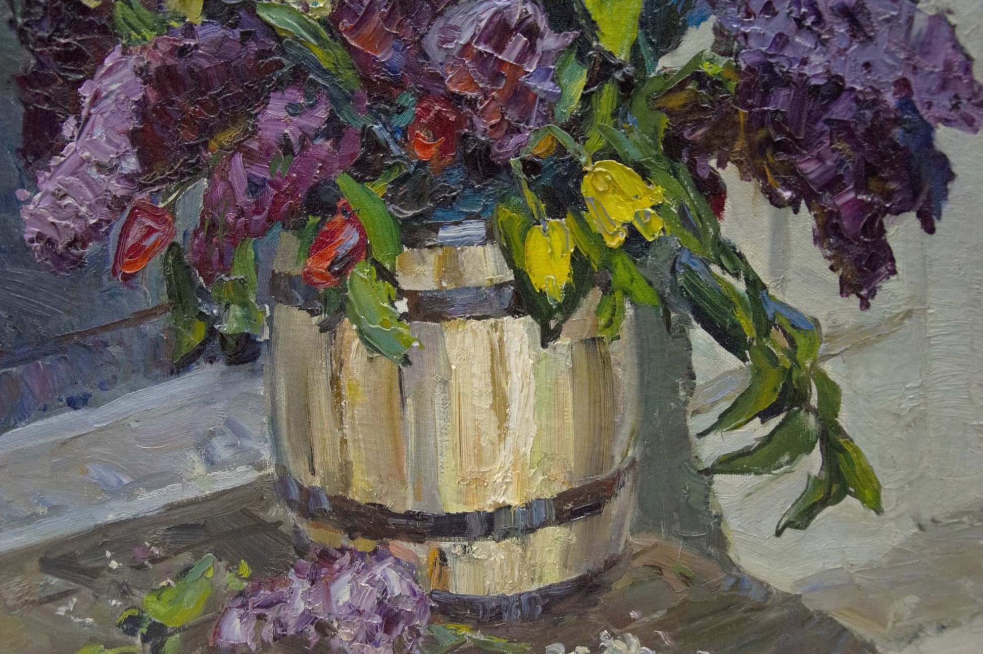 Oil painting by Kolomoitsev Petr Mikhailovich: lilacs and tulips in barrel vase