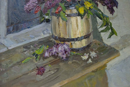 Oil painting of rustic barrel vase with purple yellow flowers by Kolomoitsev Petr Mikhailovich