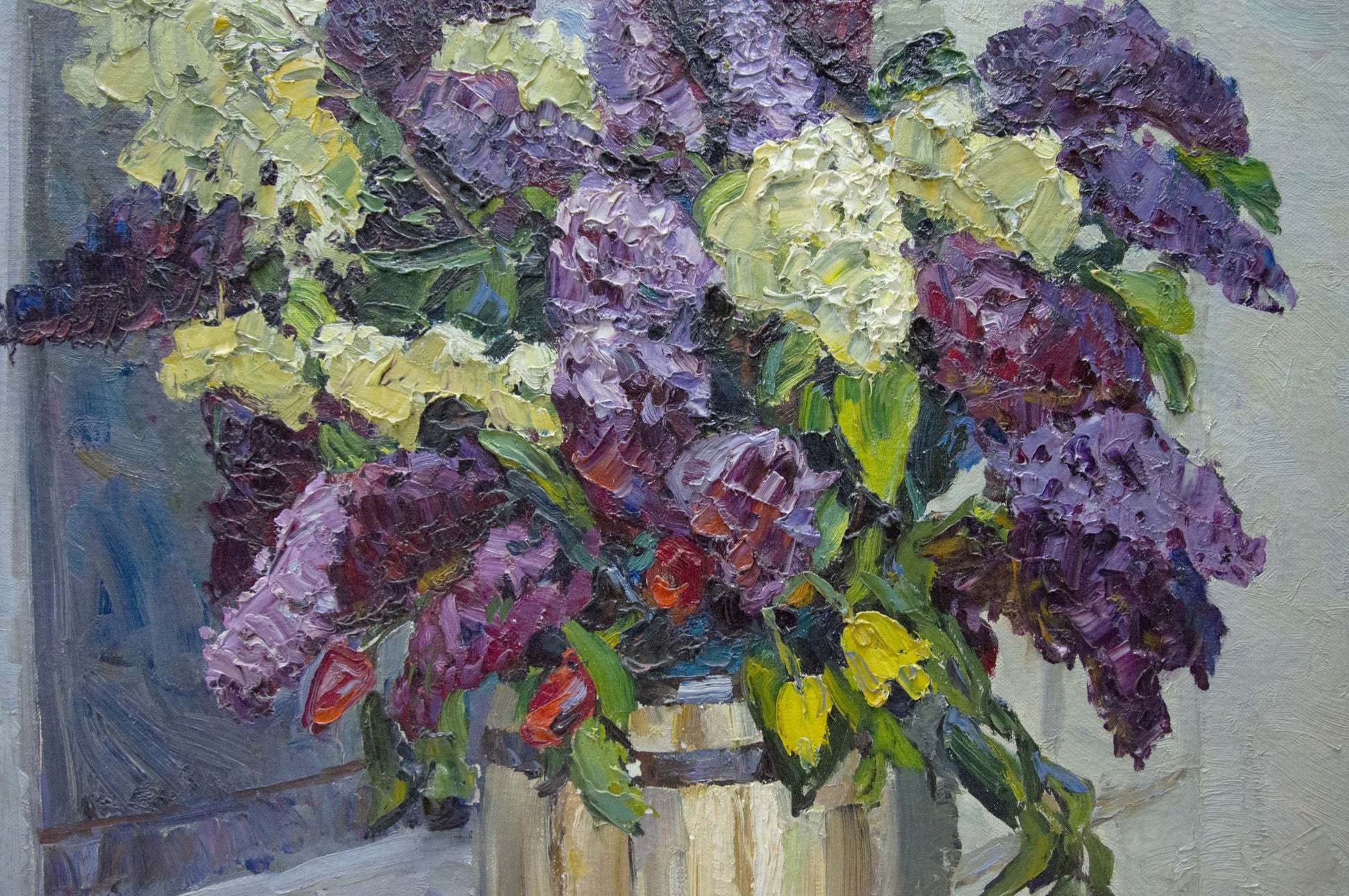 Oil painting of lilacs in rustic bucket by window by Kolomoitsev Petr Mikhailovich