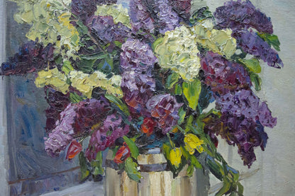 Oil painting of lilacs in rustic bucket by window by Kolomoitsev Petr Mikhailovich