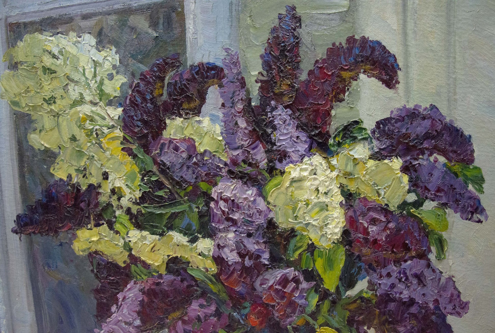 Oil painting of vibrant lilac bouquet by window by Kolomoitsev Petr Mikhailovich