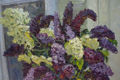 Oil painting of vibrant lilac bouquet by window by Kolomoitsev Petr Mikhailovich
