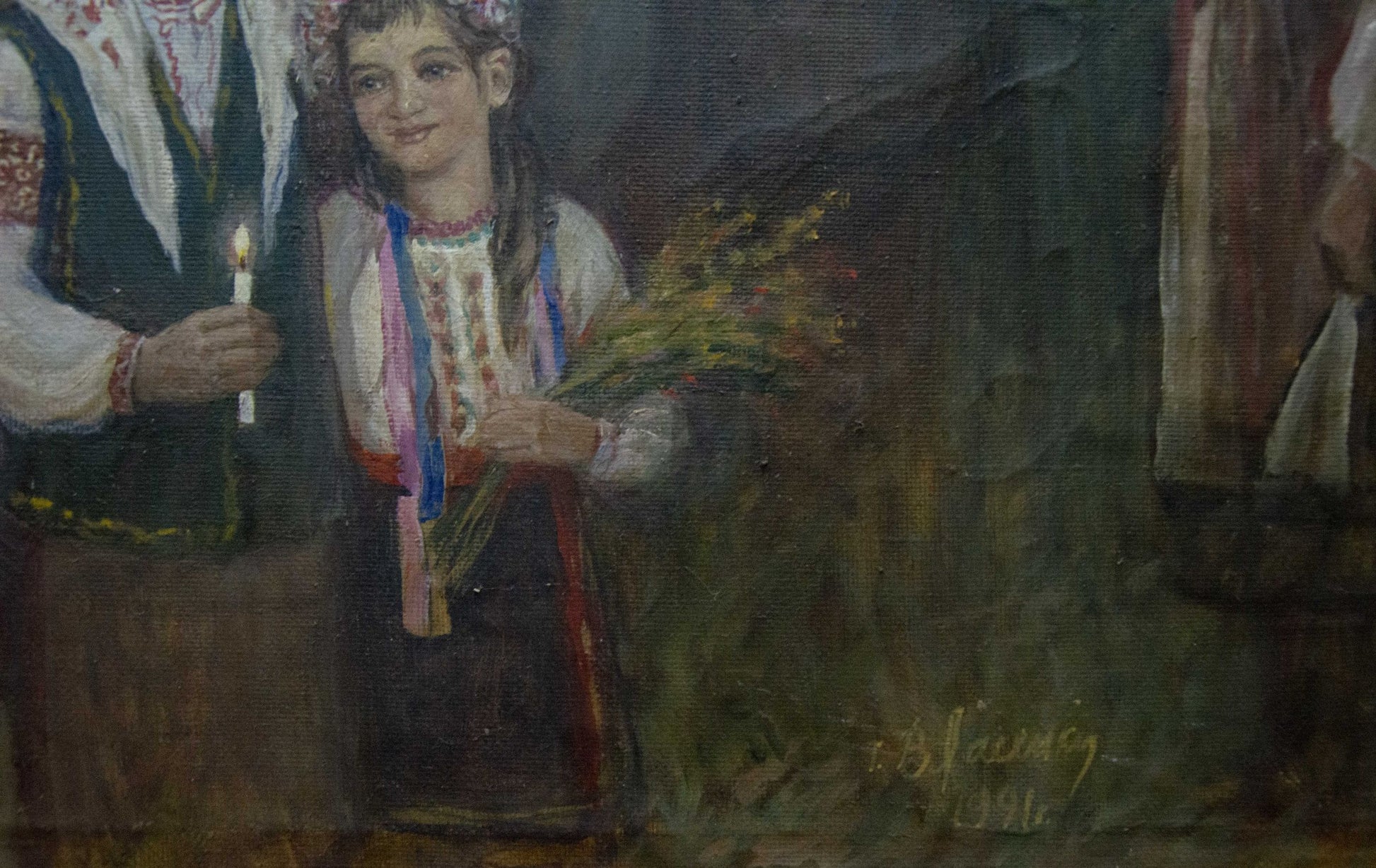 Oil painting On the Square by Vlasenko Alexander Mikhailovich: young girl in embroidered attire with dried flowers