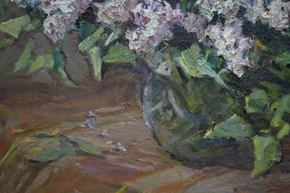 Oil painting of lilac bouquet in bloom by Zinaida Sokolova with hydrangeas