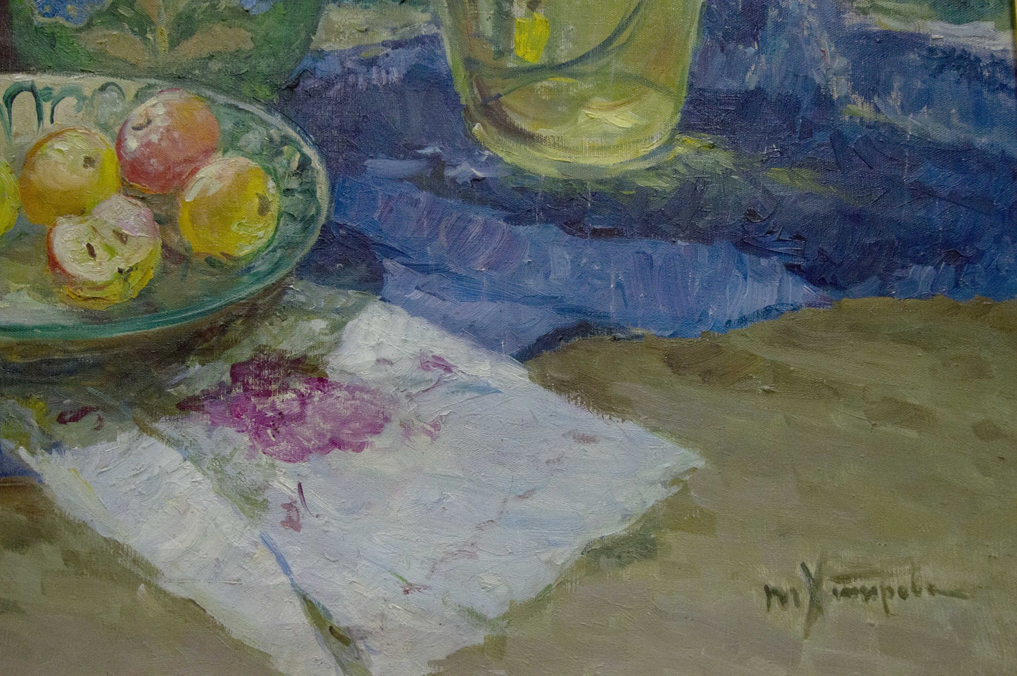 Oil painting by Khitrova Tamara Aleksandrovna of green bowl with apples