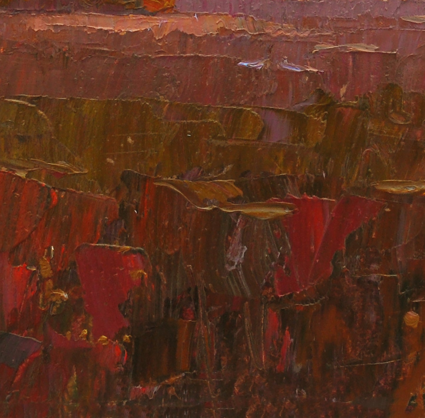 Oil painting Autumn ray by Egor Shvachunov with red brown gold impasto