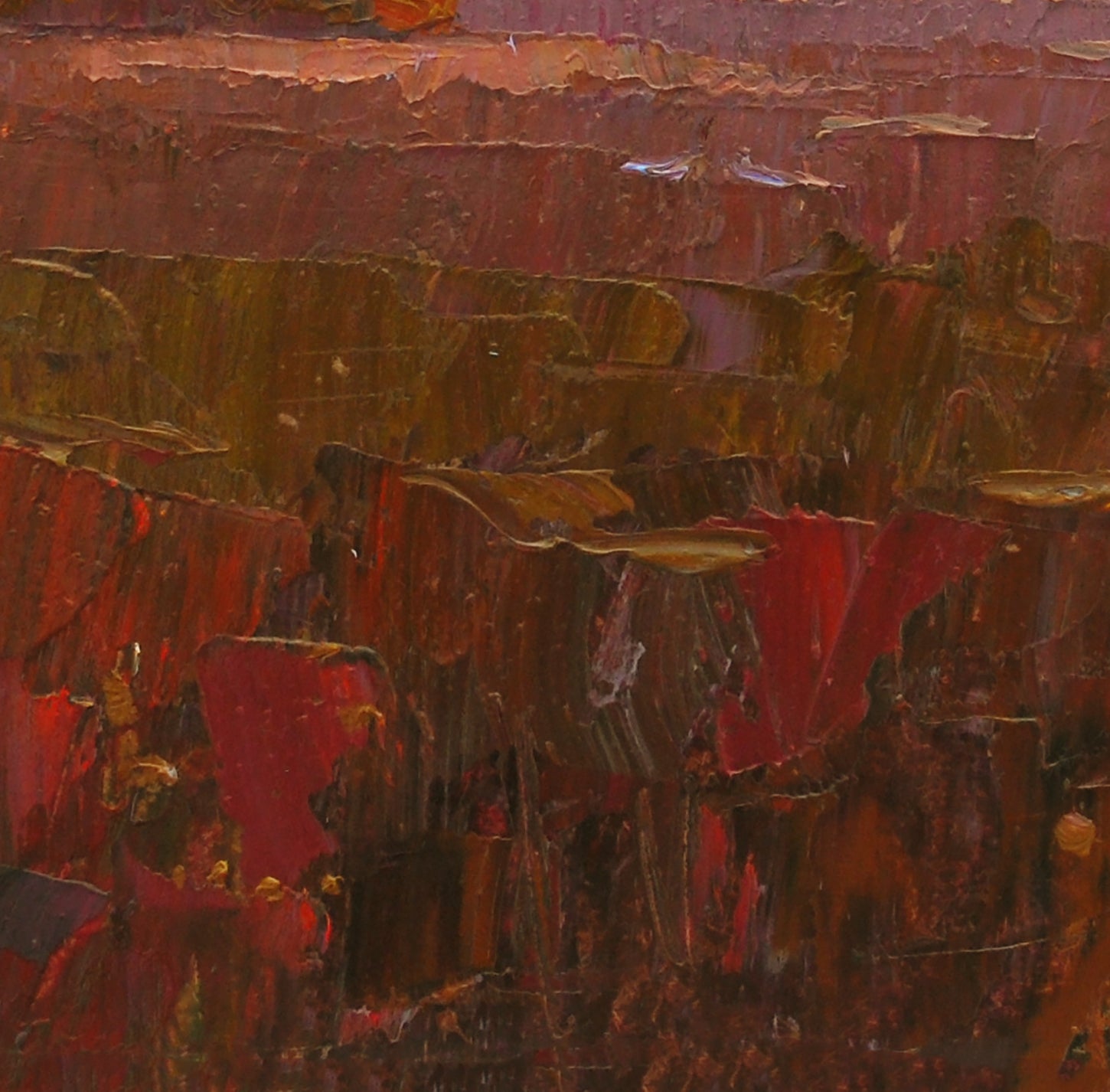 Oil painting Autumn ray by Egor Shvachunov with red brown gold impasto