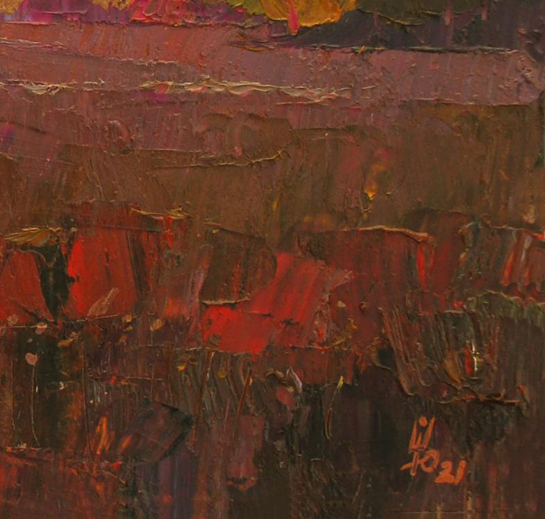 Oil painting Autumn ray by Egor Shvachunov with textured reds, browns, purples