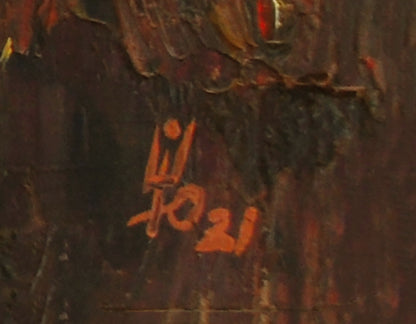 Oil painting Autumn ray by Egor Shvachunov: orange signature on dark textured back