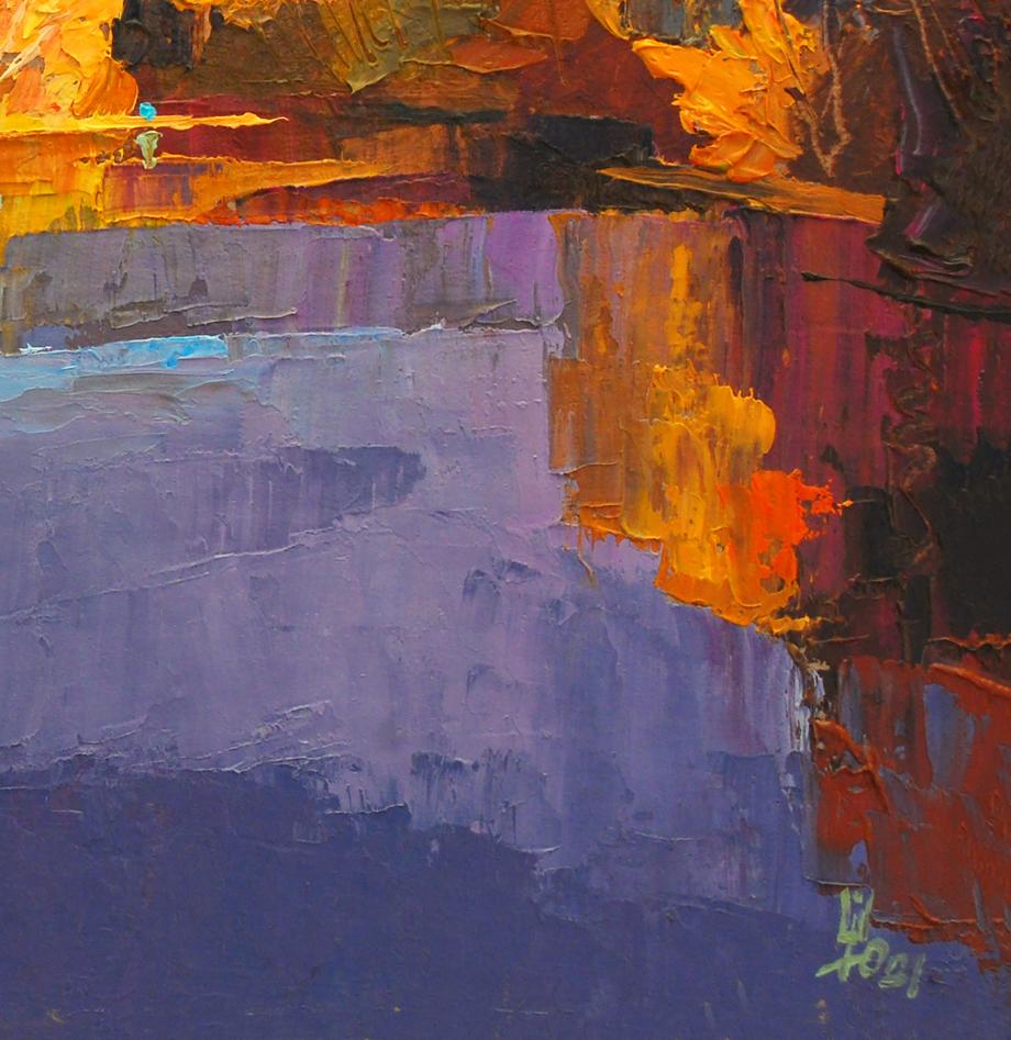 Oil painting Autumn on Psli by Egor Shvachunov, abstract purple orange-red layers