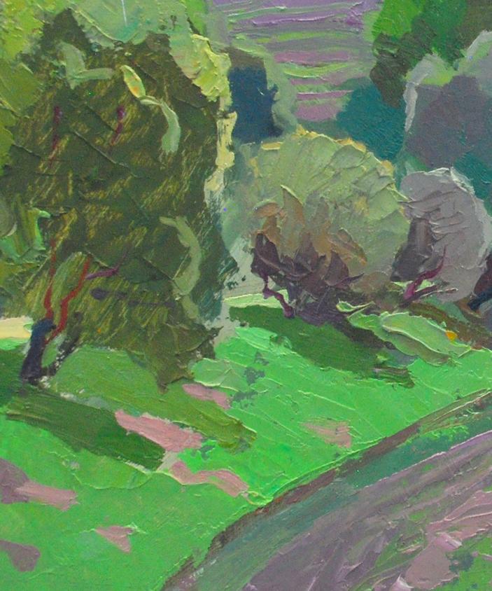Oil painting Spring on Obolon by Egor Shvachunov, lush green landscape
