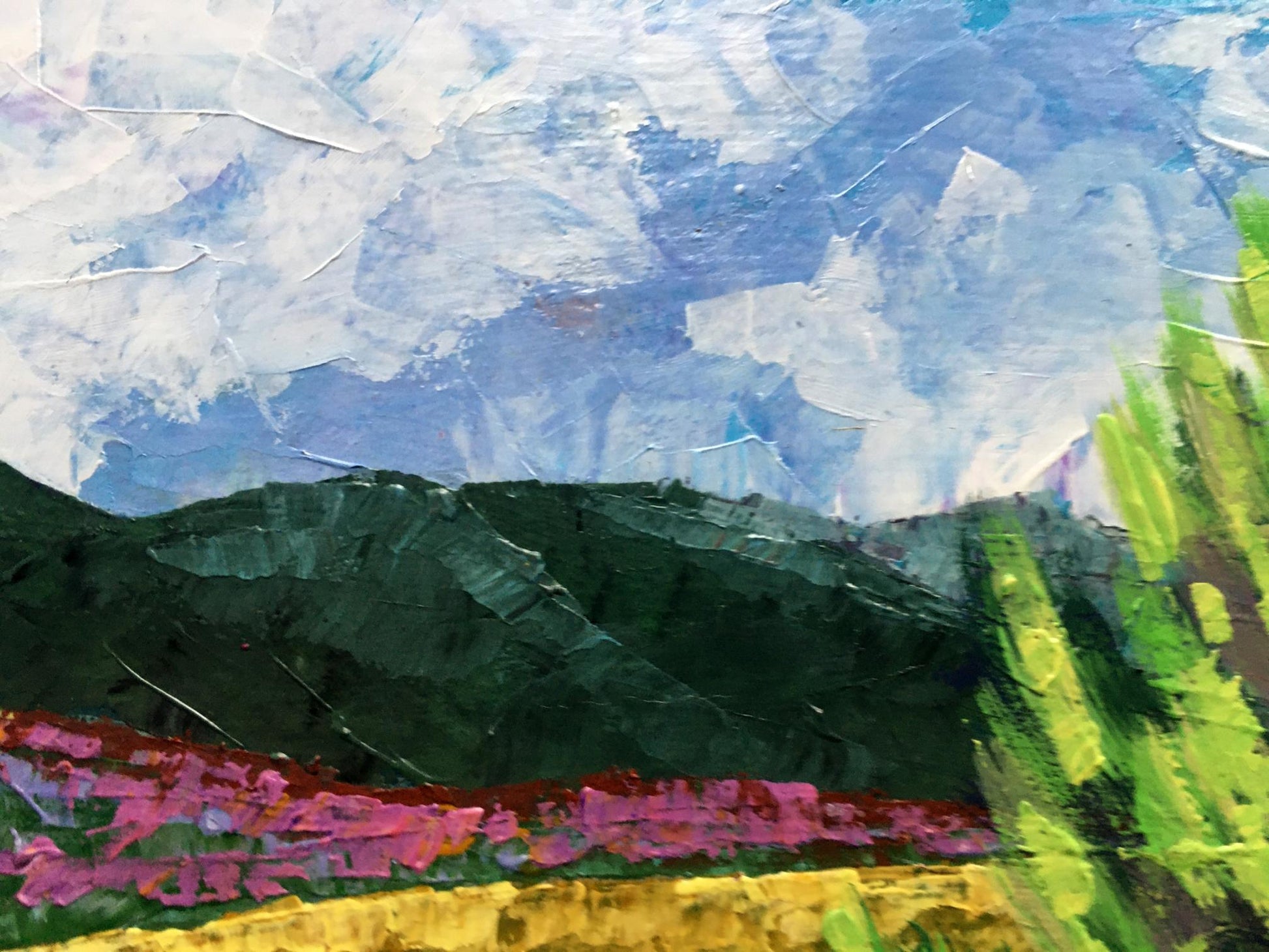 Oil painting Blooming tree by Zadorozhnya V. V. with green mountains