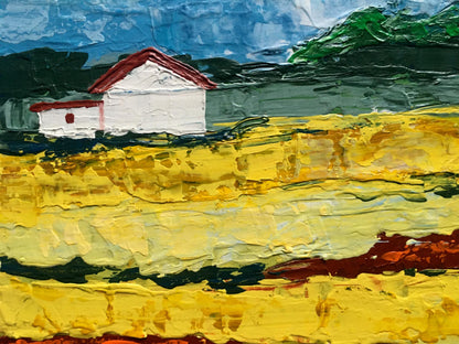 Oil painting of white house with red roof by Zadorozhnya V. V. in yellow green field