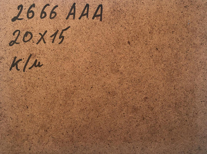 Back of Oil painting By the evening V. Zadorozhnya brown textured surface with handwritten markings