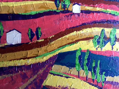 Vibrant oil painting of colorful fields on sunny day by V. Zadorozhnya