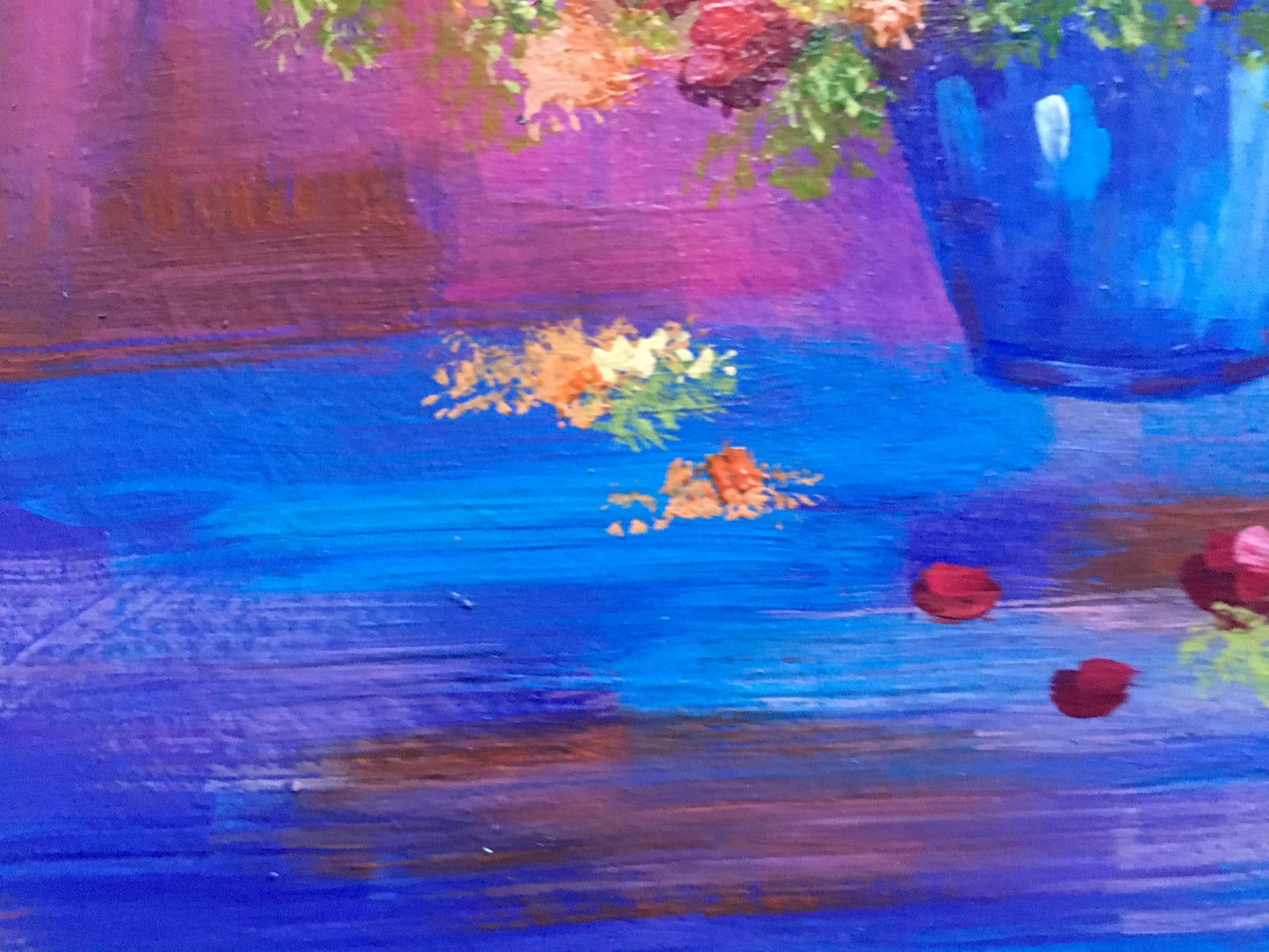 Oil painting of vibrant blue vase with colorful bouquet by Zadorozhnya V. V