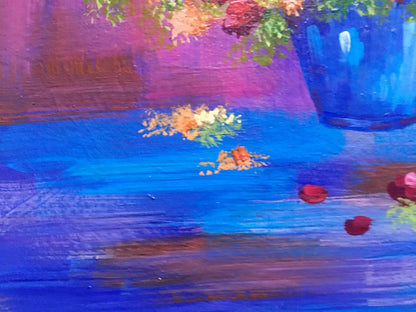 Oil painting of vibrant blue vase with colorful bouquet by Zadorozhnya V. V