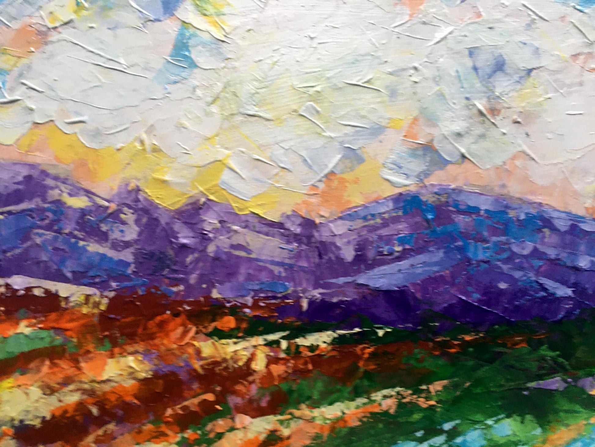 Vibrant oil painting Holidays in the mountains by V. Zadorozhnya, purple peaks