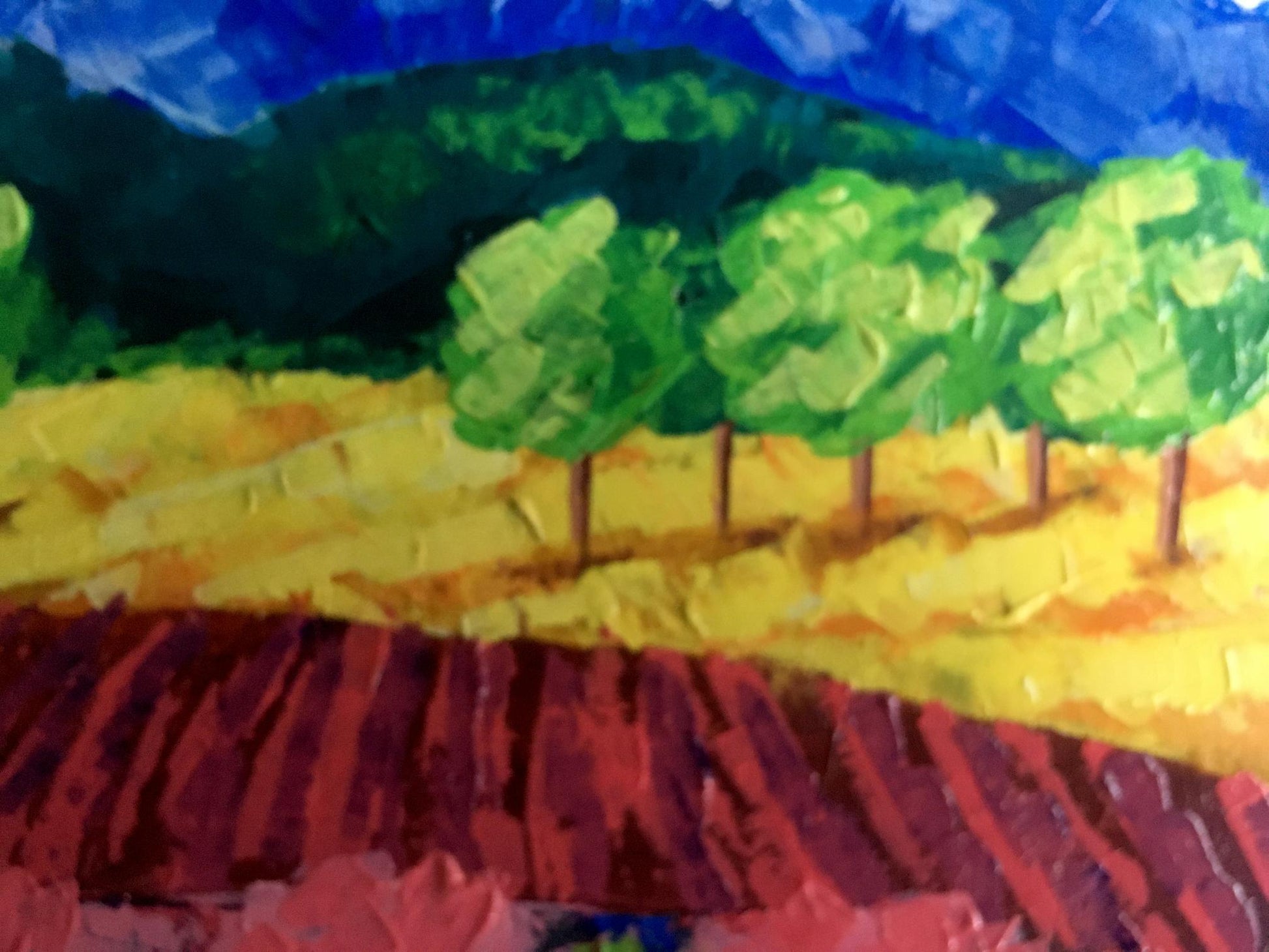 Vibrant oil painting of vineyards in forested mountains by V. Zadorozhnya