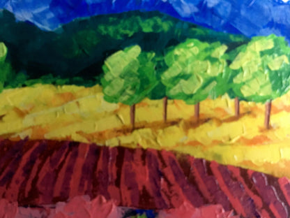 Vibrant oil painting of vineyards in forested mountains by V. Zadorozhnya