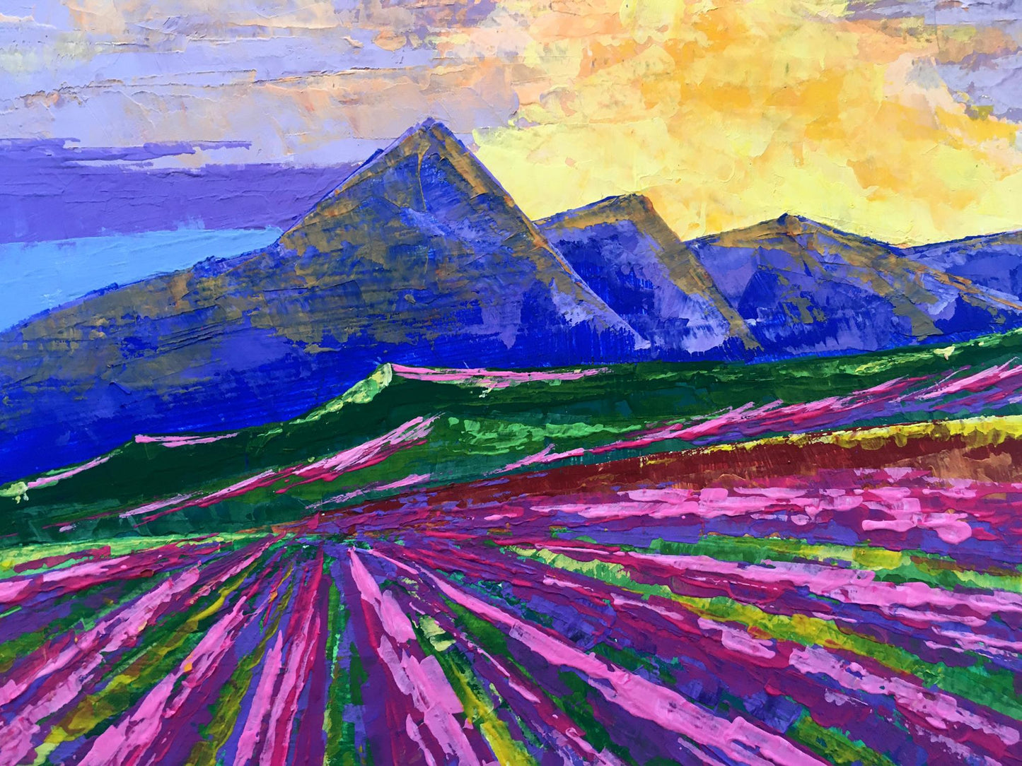 Oil painting Sunrise on the mountains by Zadorozhnya V. V. vibrant purple pink fields blue mountains