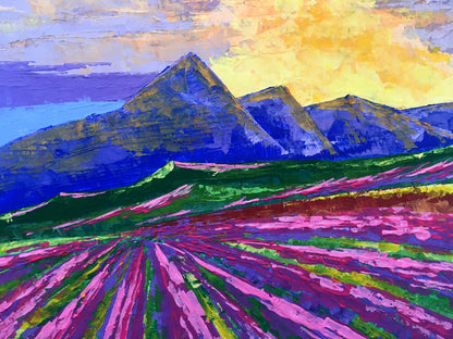 Oil painting Sunrise on the mountains by Zadorozhnya V. V. vibrant purple pink fields blue mountains