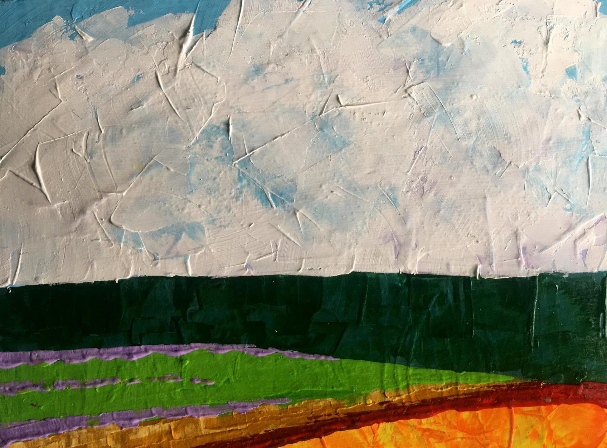 Oil painting Summer perspective after rain by V. Zadorozhnya with textured white blue strokes