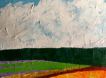 Oil painting Summer perspective after rain by V. Zadorozhnya with textured white blue strokes