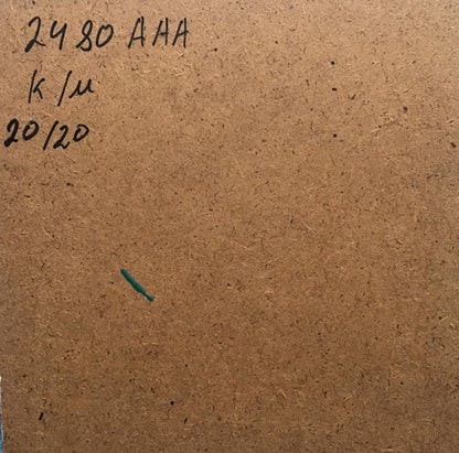 Back of Oil painting House by the coast Zadorozhnya V.V. on brown particle board with handwritten markings and small green object