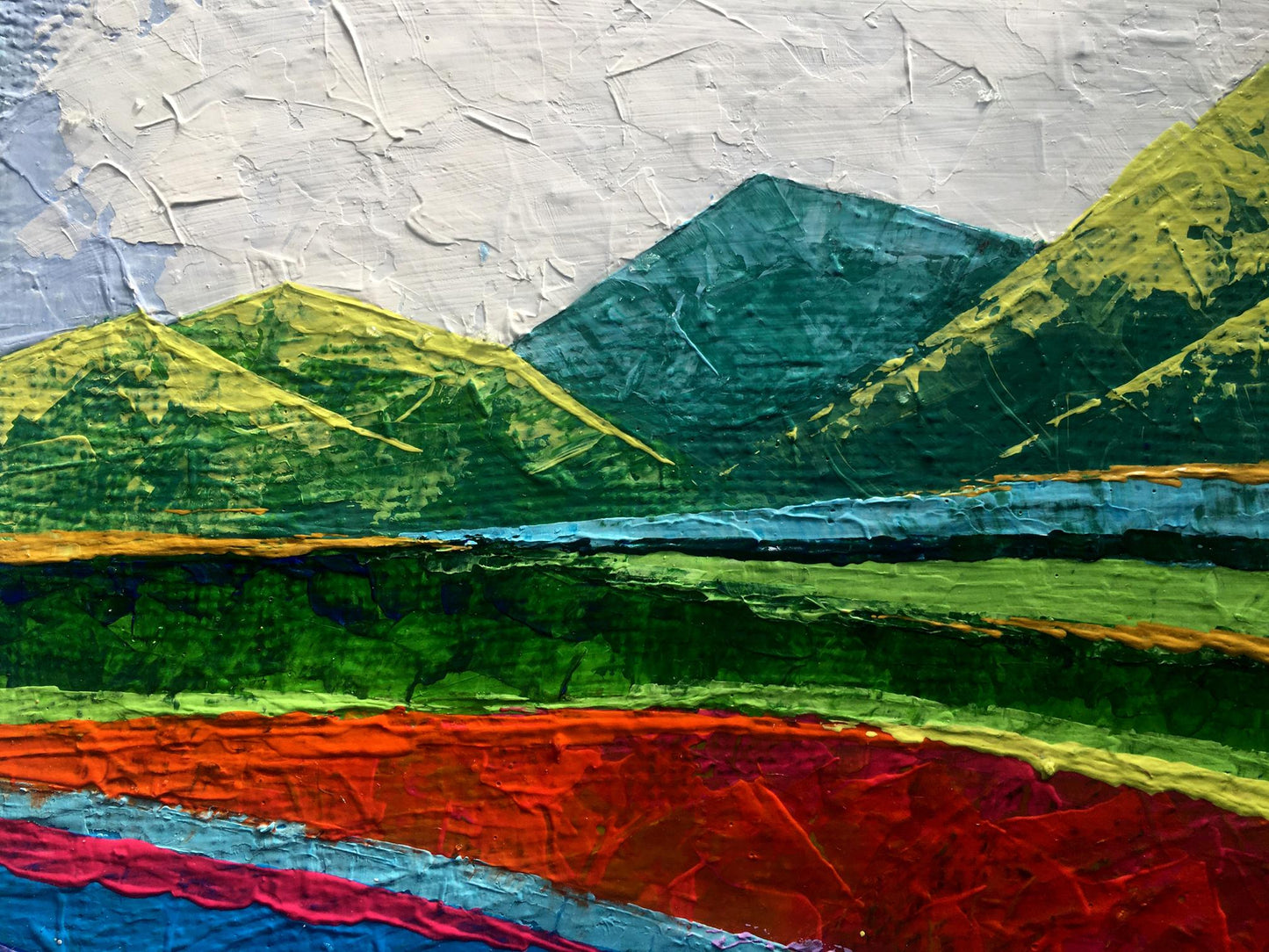 Oil painting Big mountains by V. Zadorozhnya: textured green peaks