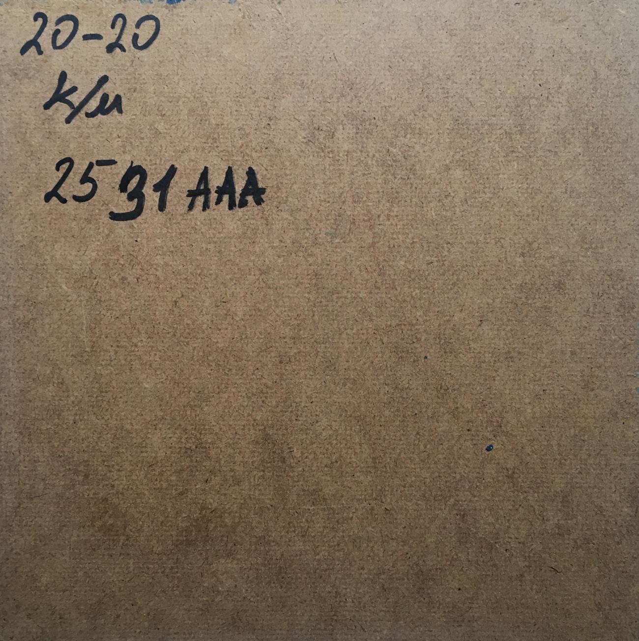 Back of Oil painting After the rain V. Zadorozhnya on brown textured cardboard with black ink markings