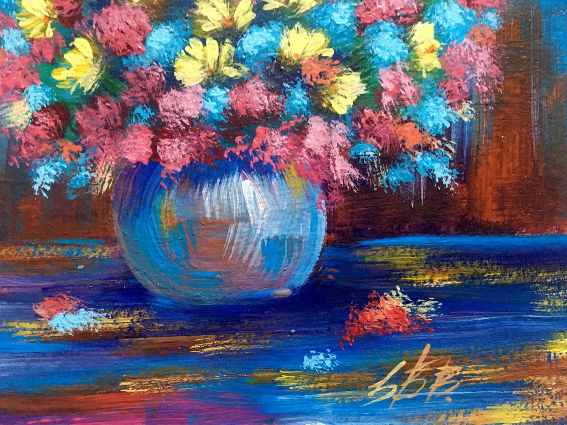 Oil painting of vibrant spring bouquet by Zadorozhnya V. V. in blue vase