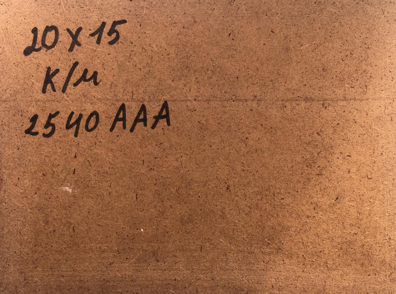 Back of V. Zadorozhnya oil painting on brown cardboard with black ink markings