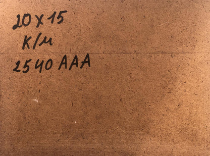 Back of V. Zadorozhnya oil painting on brown cardboard with black ink markings