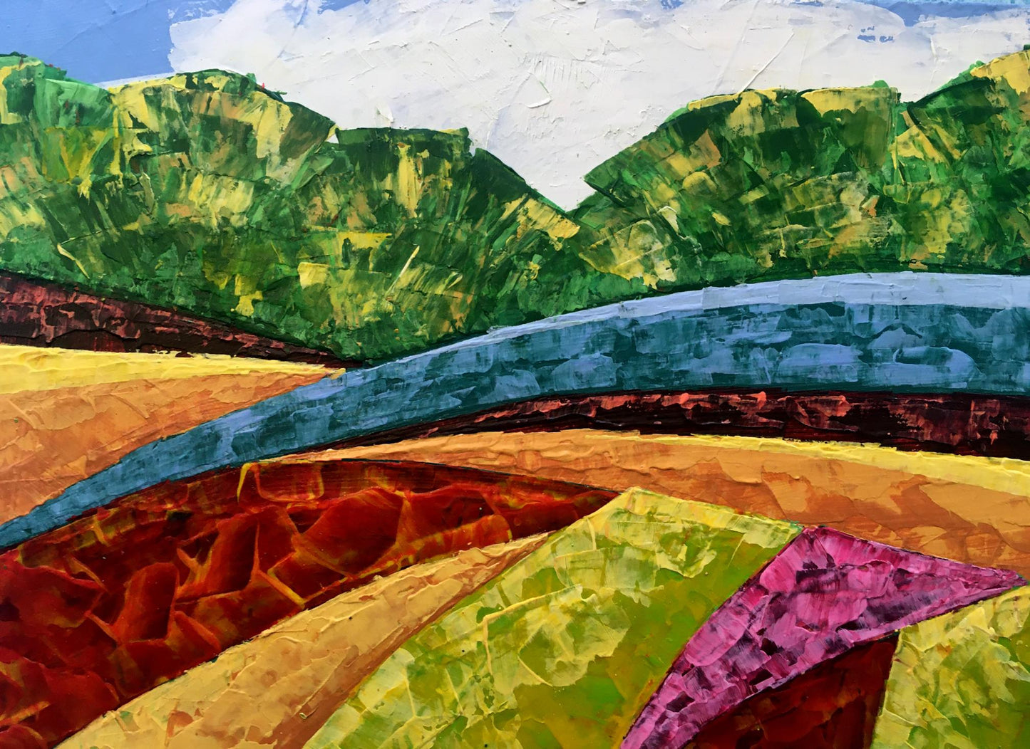 Oil painting The road to the forest by Zadorozhnya V. V. with green hills and blue river