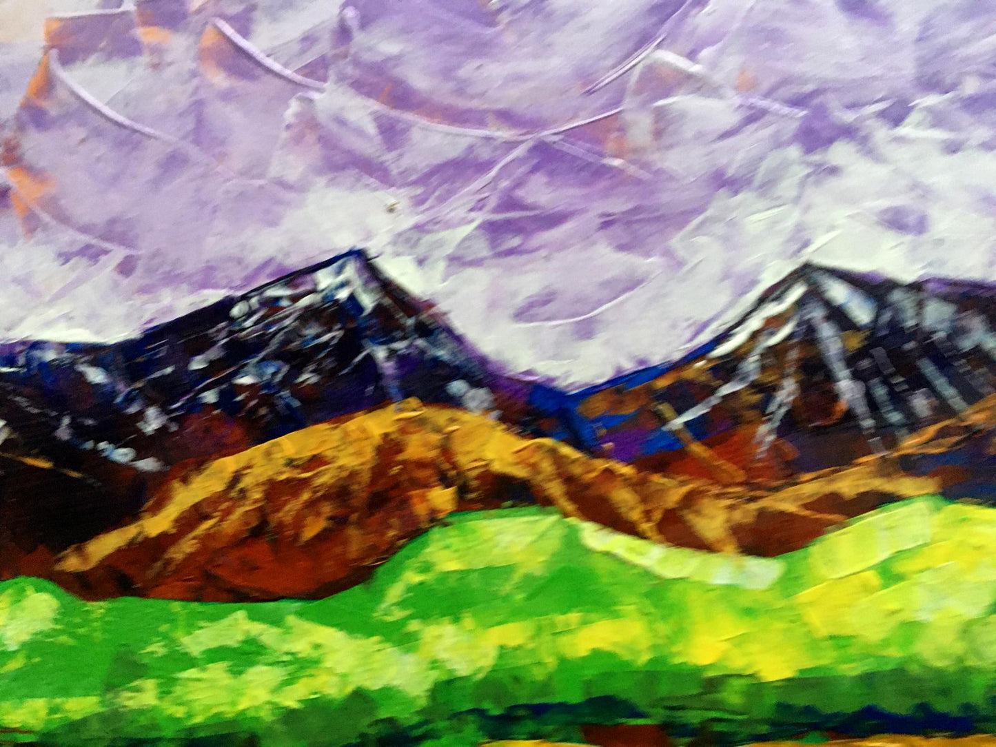 Oil painting Colorful mountains V. Zadorozhnya vibrant purple blue landscape