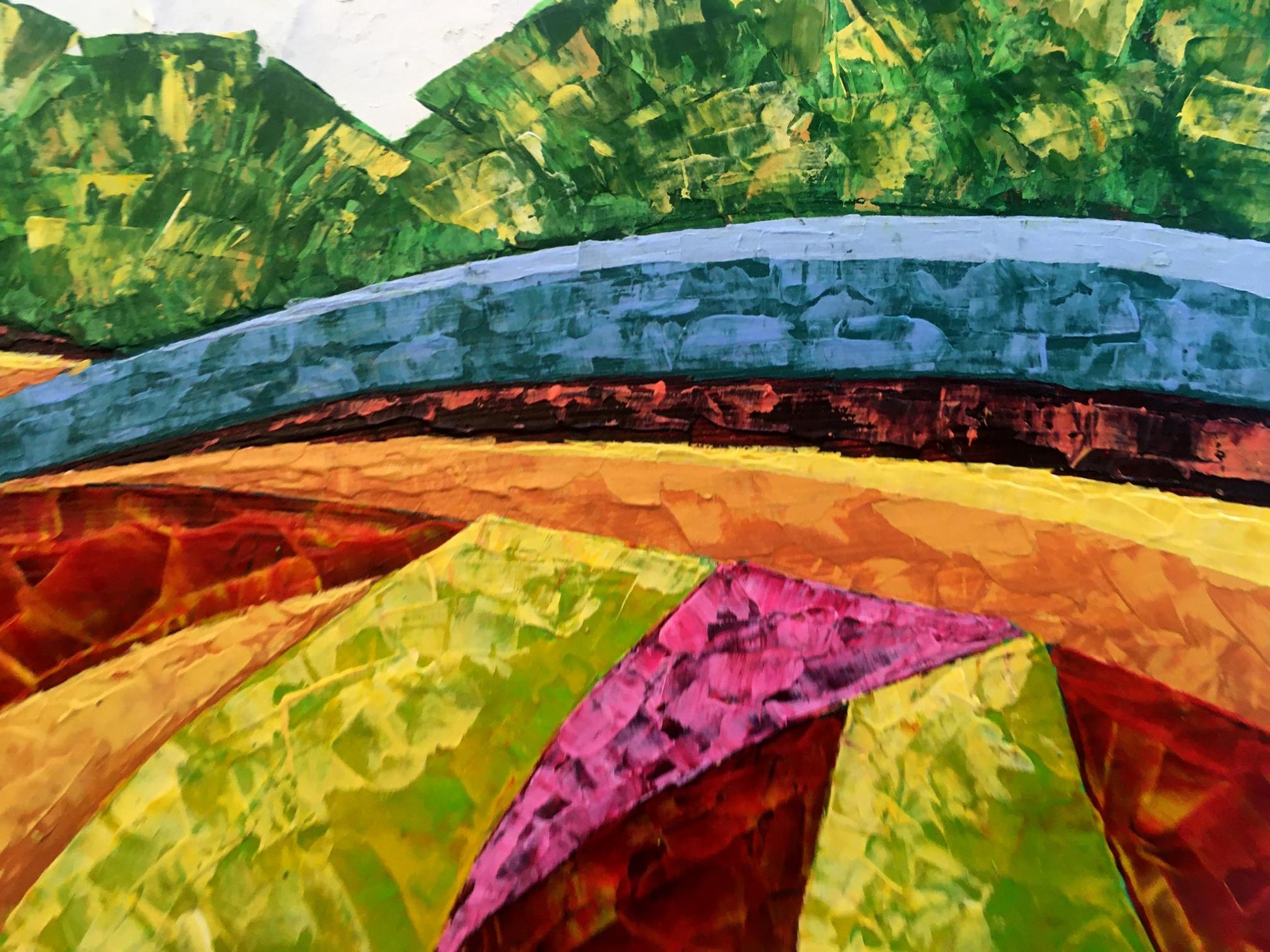 Vibrant oil painting The road to the forest by Zadorozhnya V. V. with green hills