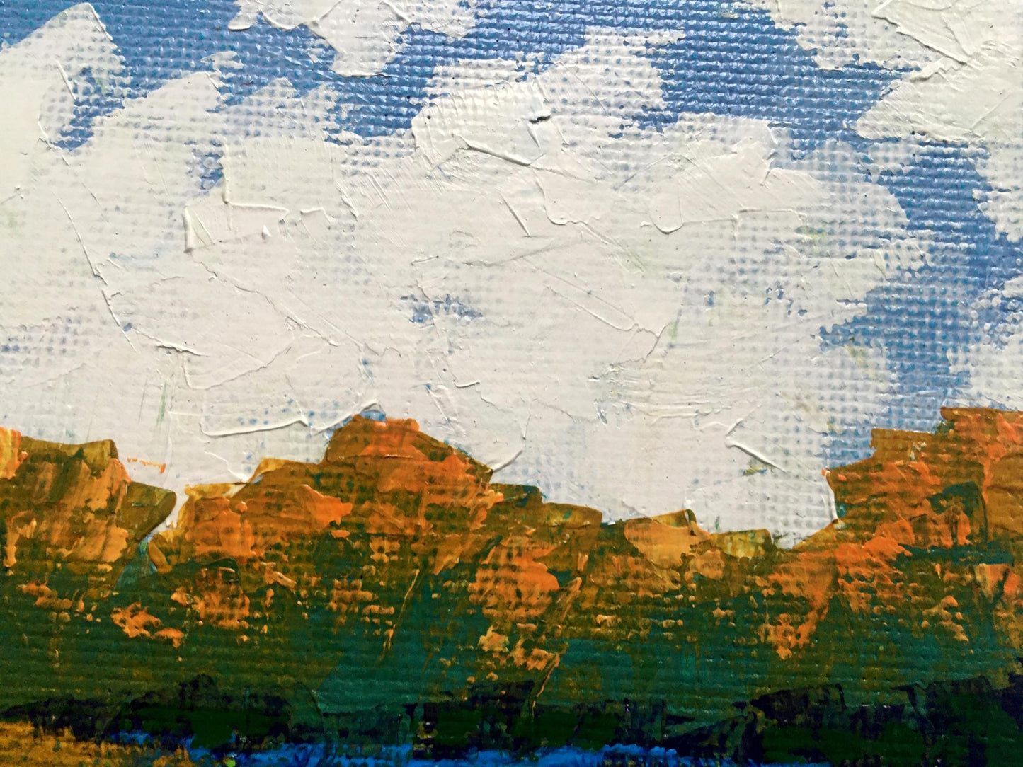 Oil painting Autumn morning V. Zadorozhnya: orange green hills, impasto strokes