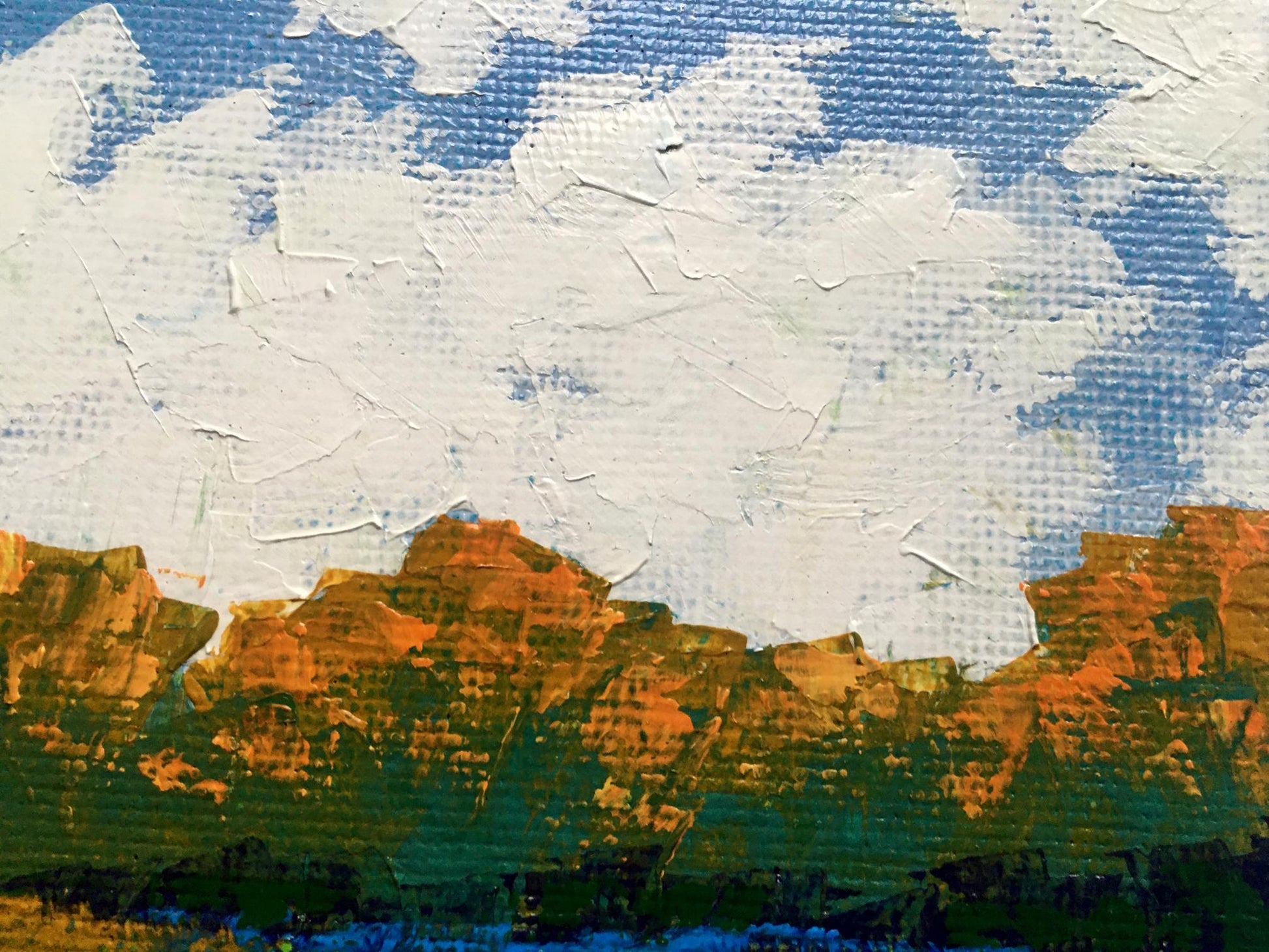 Oil painting Autumn morning V. Zadorozhnya: orange green hills, impasto strokes
